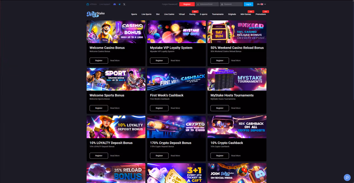 MyStake promotions page showing the 300% welcome casino bonus, 180% sports welcome, VIP loyalty system and 170% crypto deposit bonus