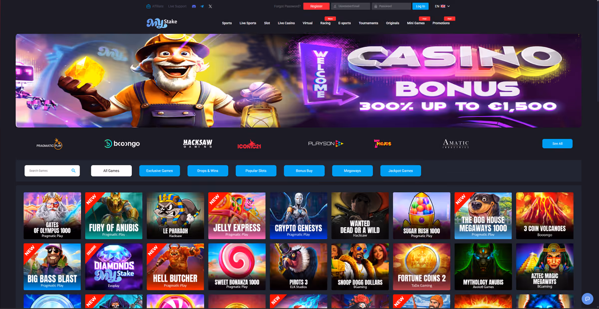 MyStake casino lobby showing Pragmatic Play, Booongo, Hacksaw, Iconic21, Playson, 7Mojos and Amatic studios above the game grid