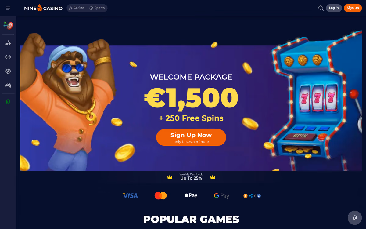Nine Casino sister sites evidence: the ninecasino.com homepage served to a British visitor, showing a 1,500 euro welcome package and its accepted card brands