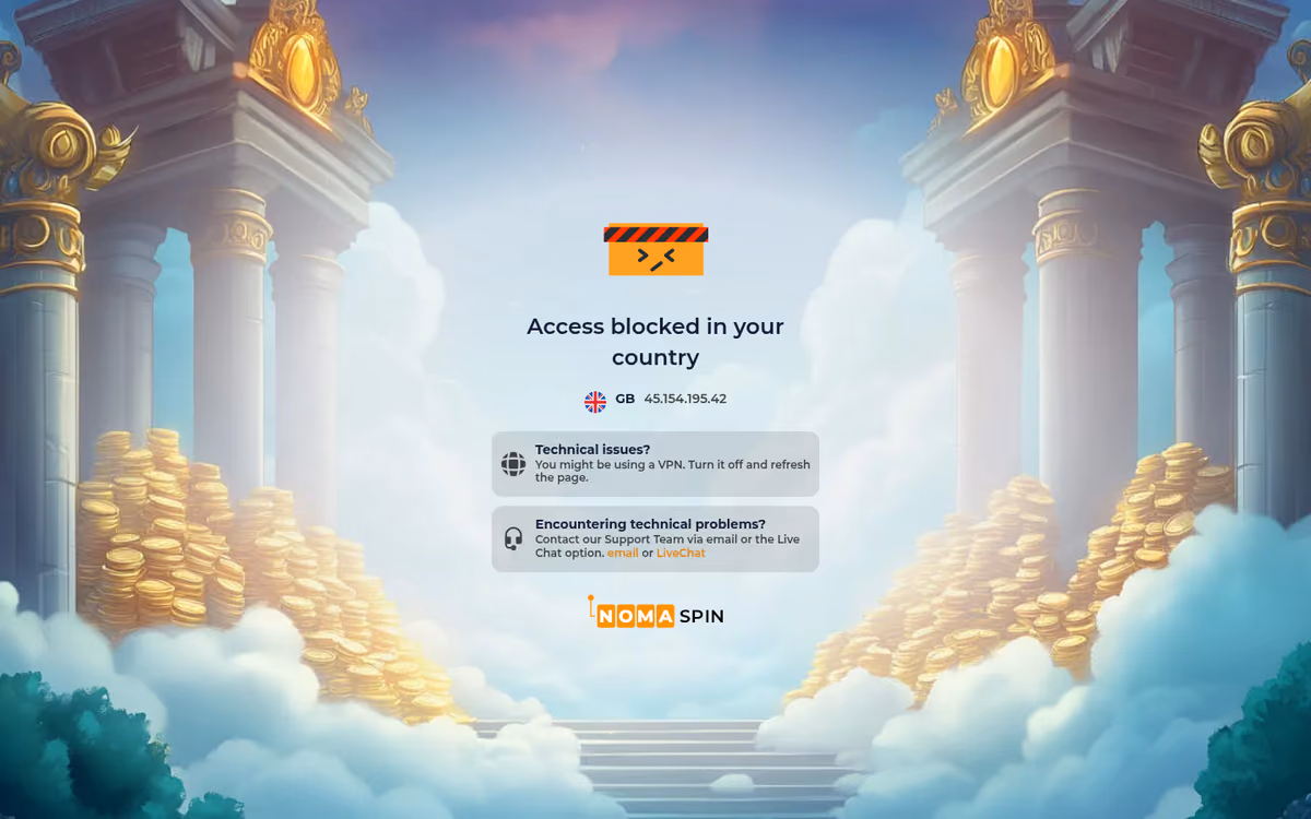 Nomaspin blocks British visitors: the nomaspin.com country-block page reading Access blocked in your country