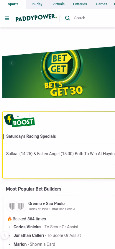 Paddy Power homepage on mobile showing the free bet offer and sports markets