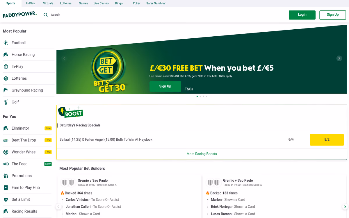Paddy Power casino slots lobby showing game categories and providers