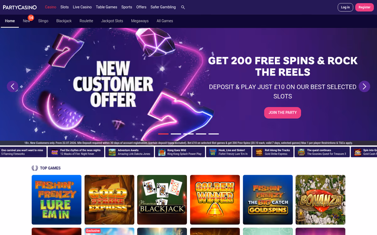 PartyCasino games lobby showing Slingo, Blackjack, Roulette, Jackpot Slots and Megaways rails