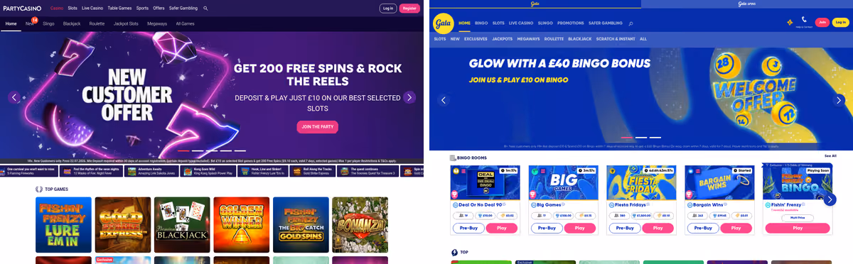 PartyCasino and Gala Bingo lobbies side by side showing the shared LC International licence