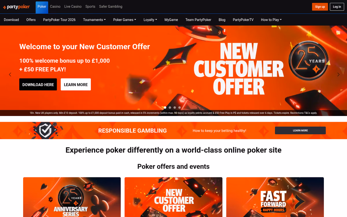 PartyPoker homepage showing a 100 percent welcome bonus up to £1,000 plus £50 free play with the full terms printed beneath