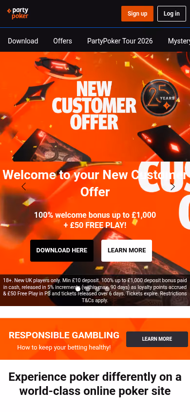 PartyPoker on mobile showing the £1,000 UK welcome offer with its full terms