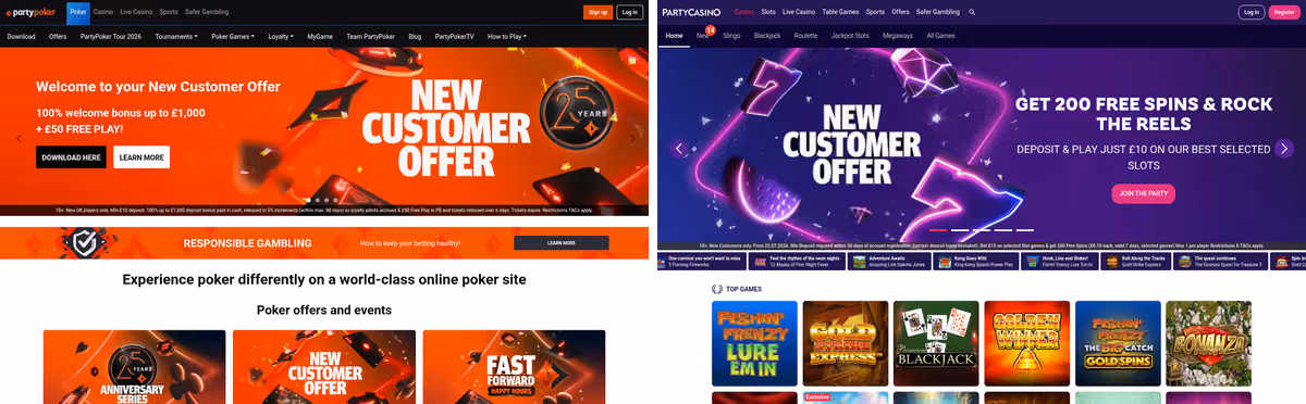 PartyPoker and PartyCasino lobbies side by side showing the shared LC International licence
