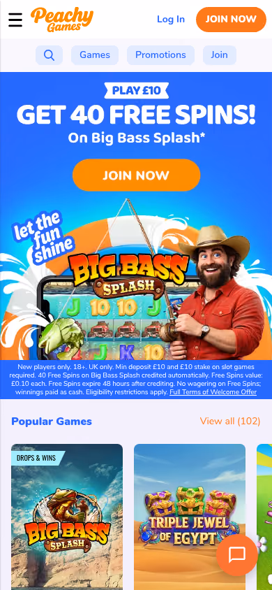 Peachy Games homepage at mobile width