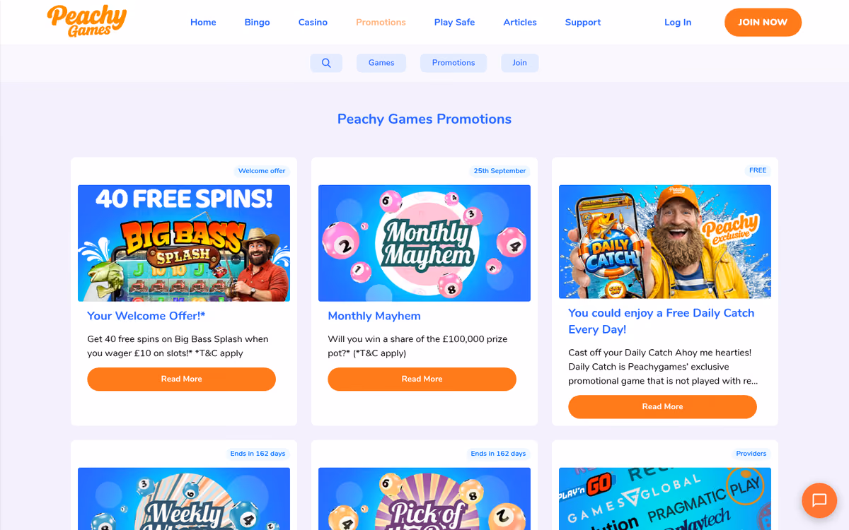 Peachy Games promotions page showing the 40 free spins welcome and Daily Catch