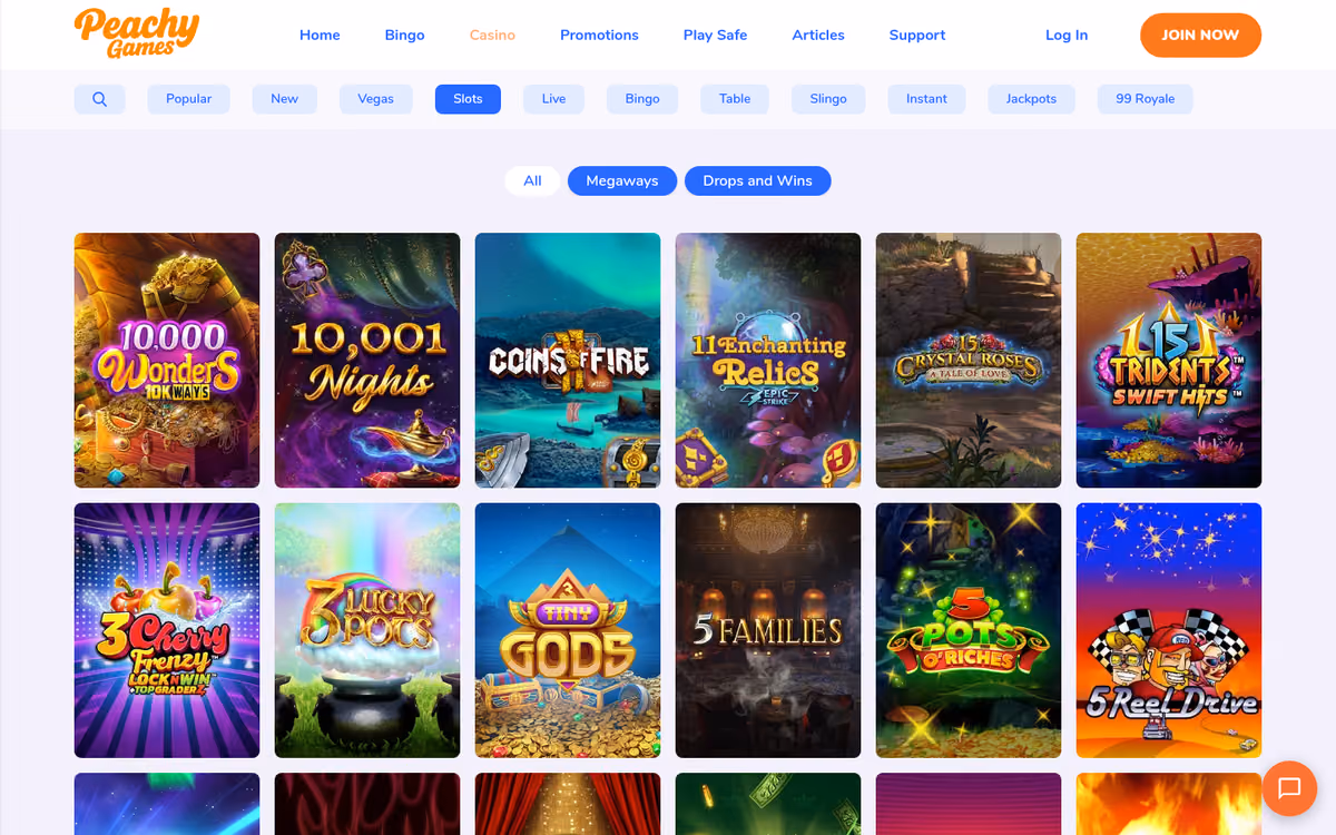 Peachy Games slots lobby with categories including 99 Royale