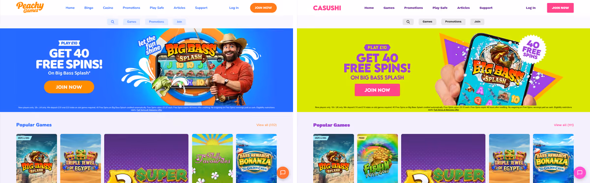 Peachy Games beside Casushi, two Solaya Group casinos on one layout