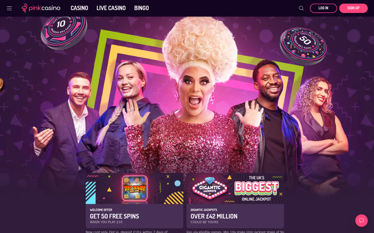 Pink Casino homepage showing the Casino, Live Casino, Bingo navigation and welcome offer
