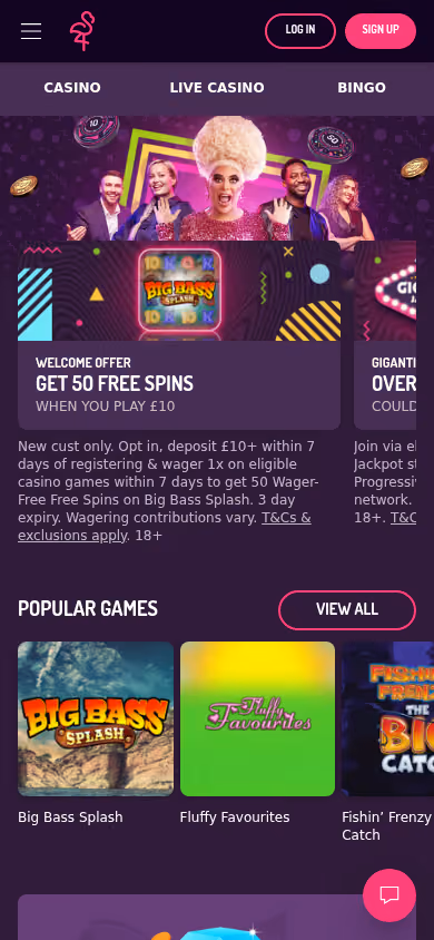 Pink Casino homepage on mobile showing the responsive layout