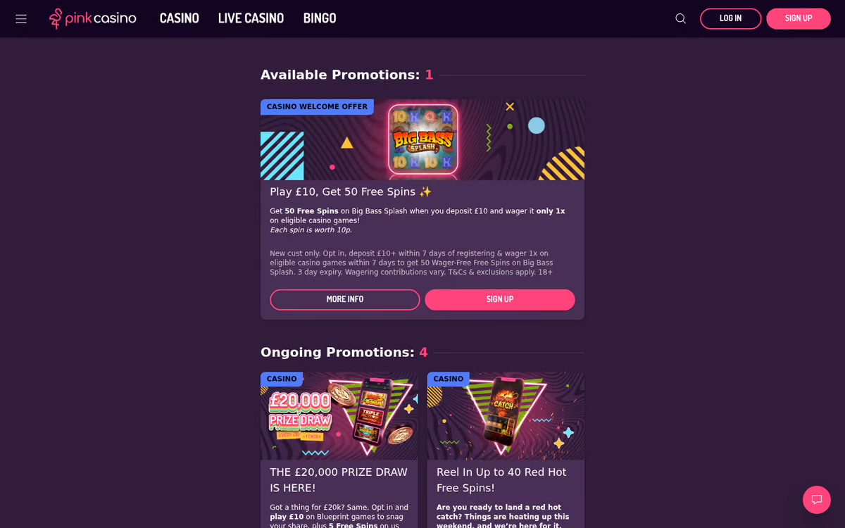 Pink Casino promotions page showing 50 free spins on big bass splash
