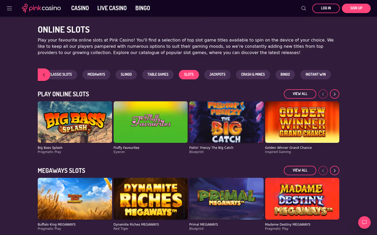 Pink Casino slots page showing the game library