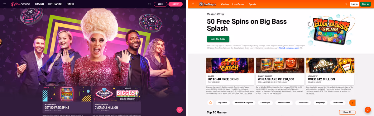 Pink Casino and LeoVegas homepages side by side showing the shared LeoVegas Group platform