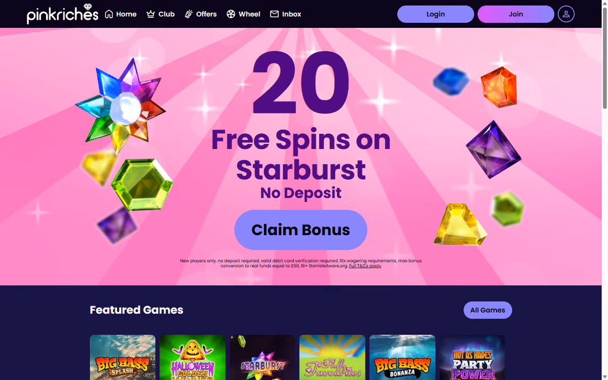 Pink Riches homepage with a pink starburst hero reading 20 Free Spins on Starburst, No Deposit, above a Claim Bonus button