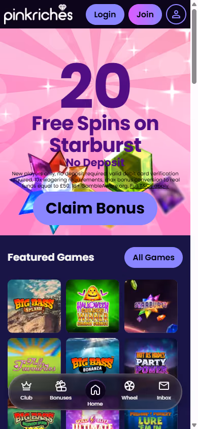 Pink Riches homepage at mobile width with the twenty free spins hero, the full small print and a floating bottom navigation bar