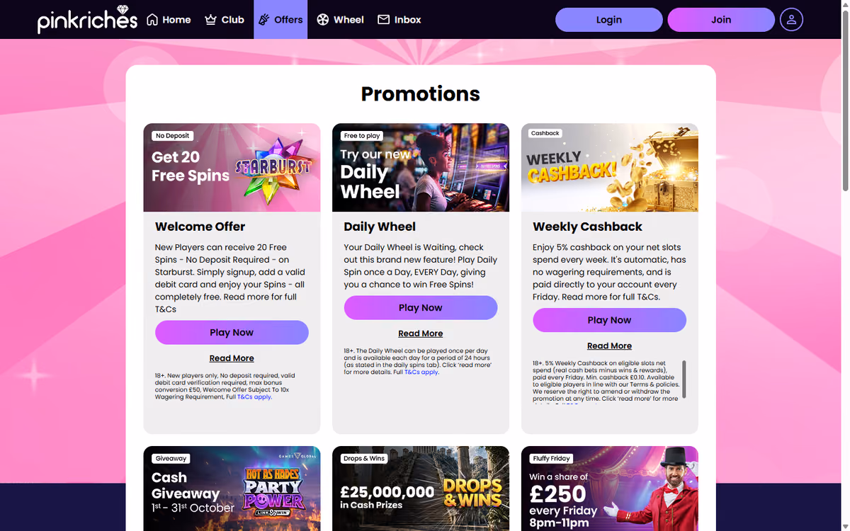 Pink Riches promotions page showing the Get 20 Free Spins welcome tile beside the Daily Wheel and Weekly Cashback tiles