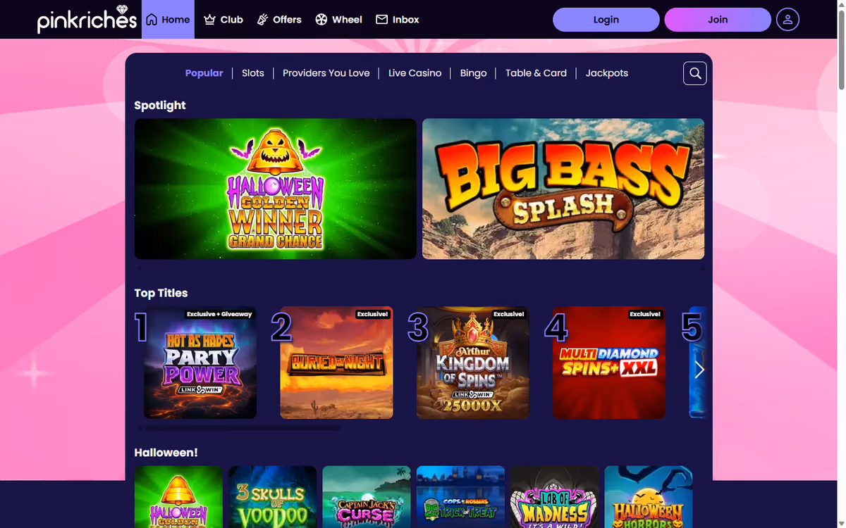 Pink Riches games lobby with category tabs above a Spotlight row and a numbered Top Titles row