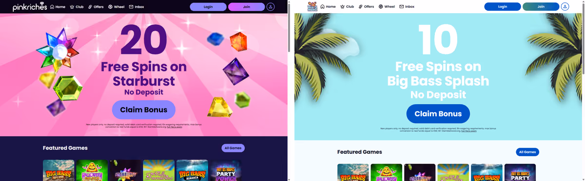 Pink Riches and Vegas Moose homepages side by side, showing identical layouts with different colours and different spin counts