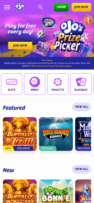 PlayOJO mobile homepage at a 390 by 844 viewport