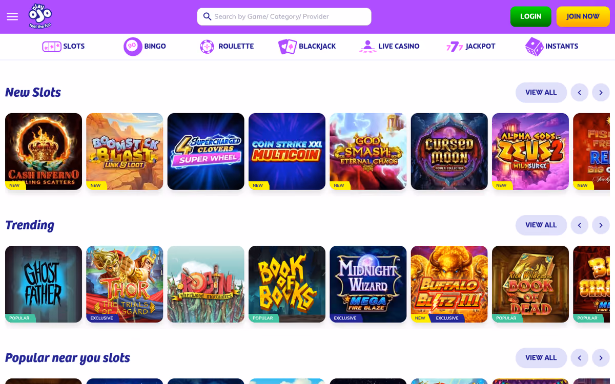 PlayOJO slots lobby showing Buffalo, Big Bass Bonanza and Midnight Wizard