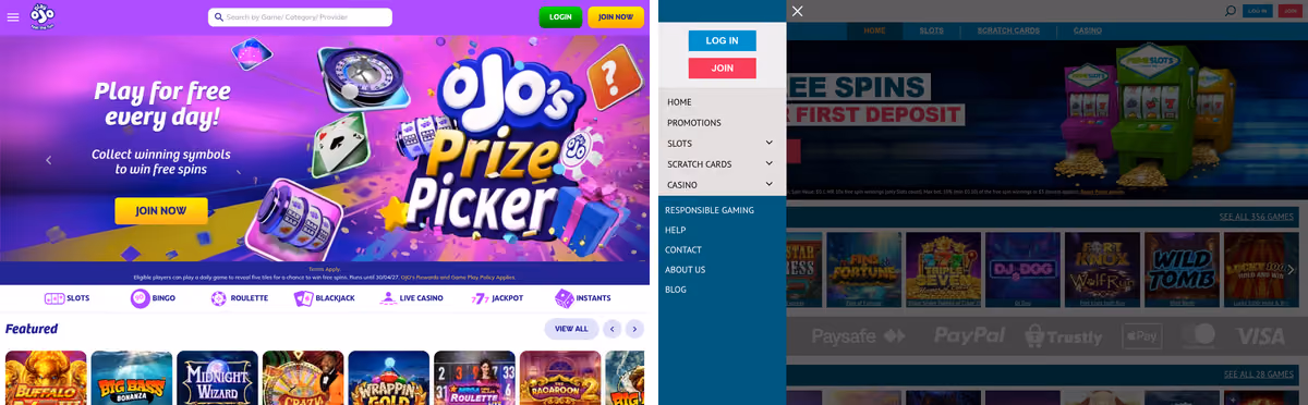 PlayOJO sister sites proof: PlayOJO beside Prime Slots, two Skill On Net brands with opposite welcome offers
