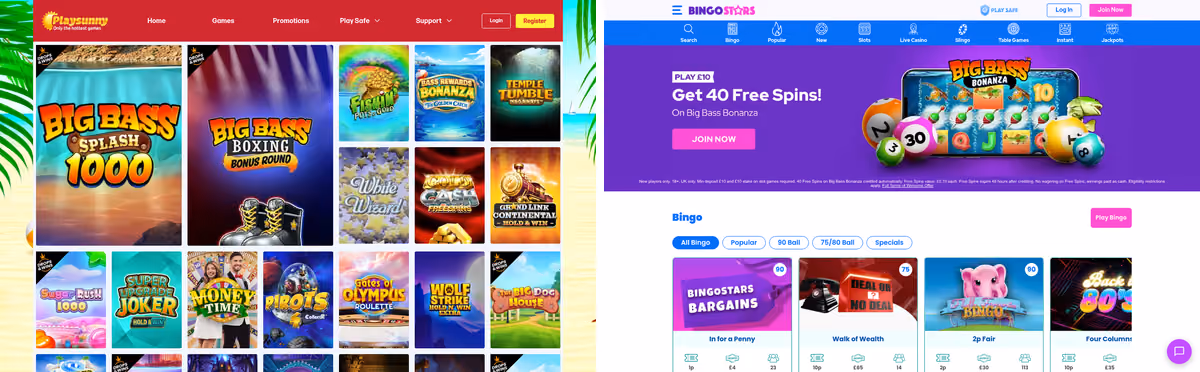 PlaySunny beside Bingo Stars, the two older-layout sites on Solaya Group's licence