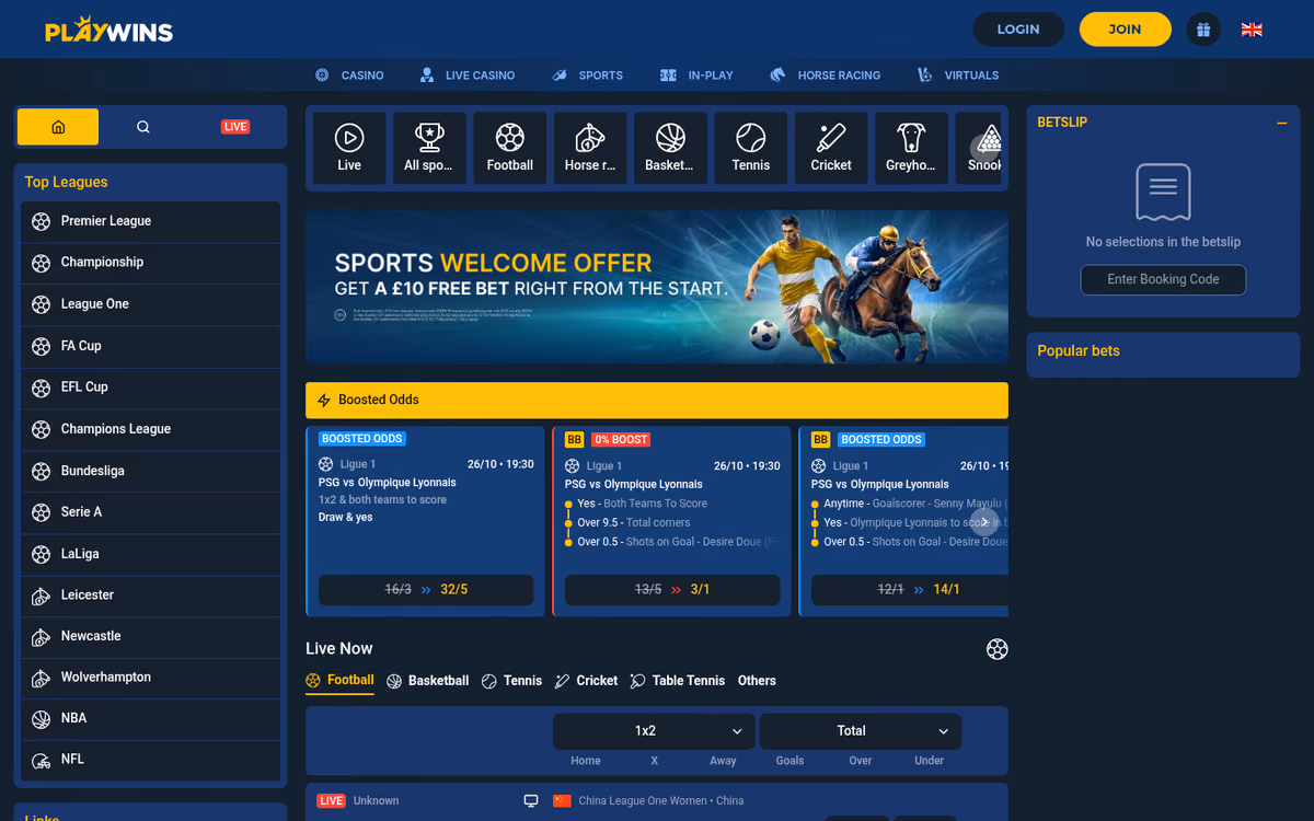 PlayWins homepage in blue, led by a sports welcome offer banner for a ten pound free bet, with a Top Leagues sidebar and a betslip