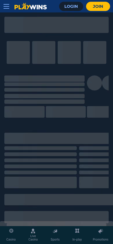 PlayWins homepage at mobile width showing grey placeholder blocks while the page loads, above a five-item bottom tab bar