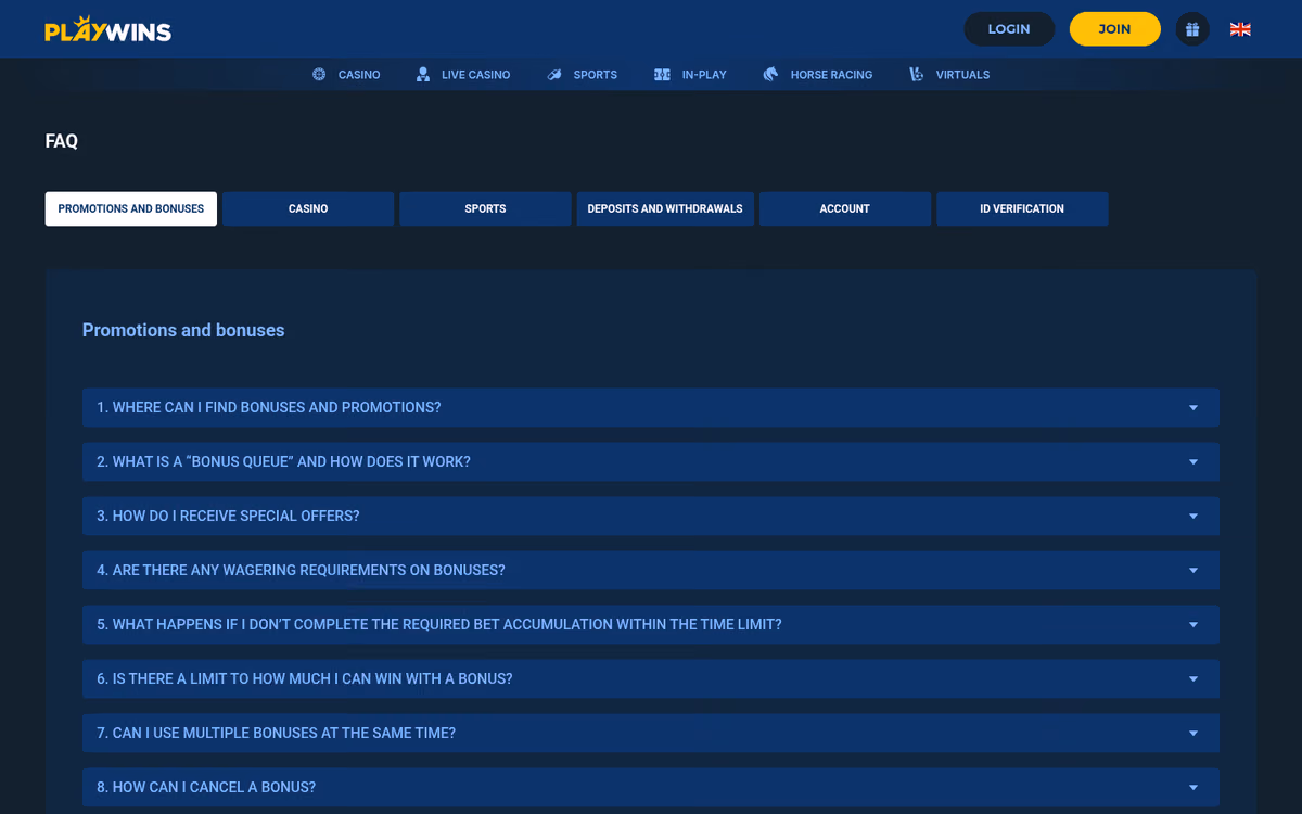 PlayWins FAQ page with six tabs and eight numbered questions about promotions and bonuses