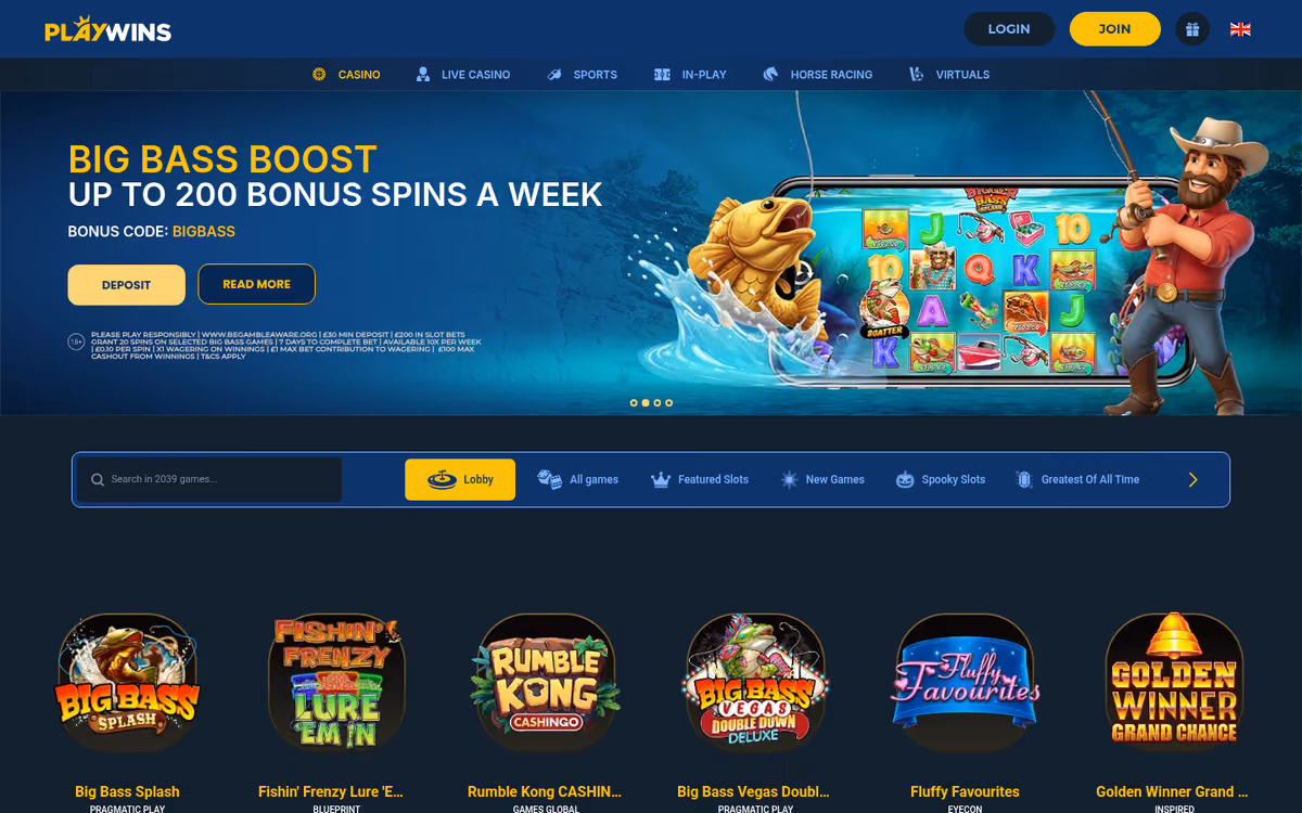 PlayWins casino lobby with a Big Bass Boost banner, a search box reading Search in 2039 games and six game tiles