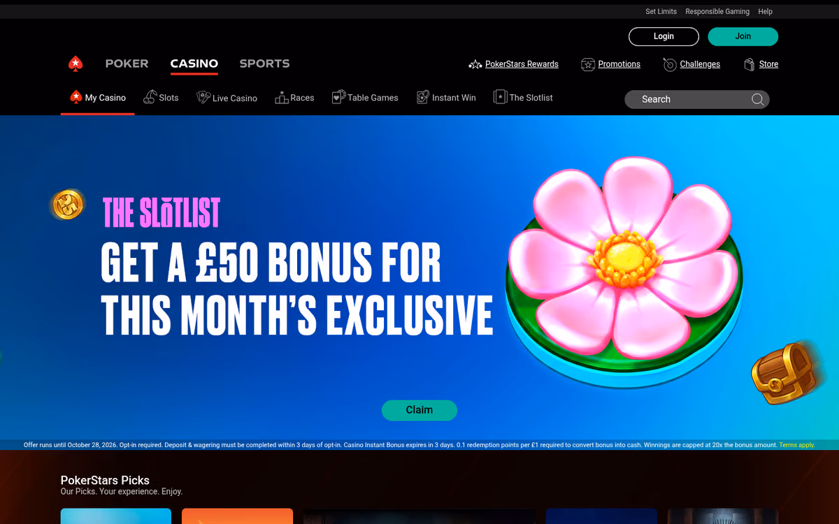 PokerStars Casino homepage showing The Slotlist £50 bonus and its three-day terms