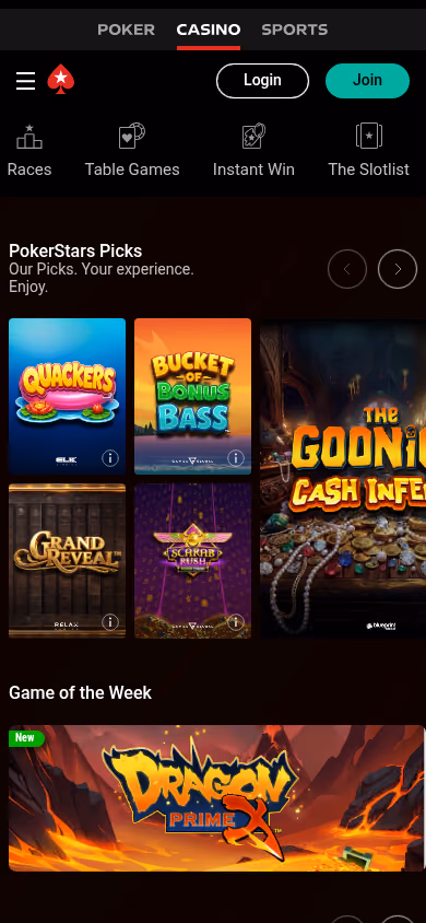 PokerStars Casino homepage on mobile showing The Slotlist offer