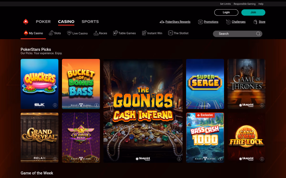 PokerStars Casino slots lobby showing game categories and exclusive titles