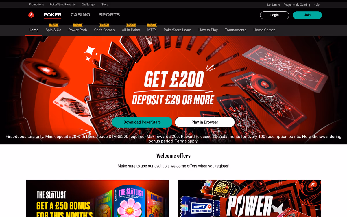 PokerStars homepage showing the £200 first deposit offer and its release terms