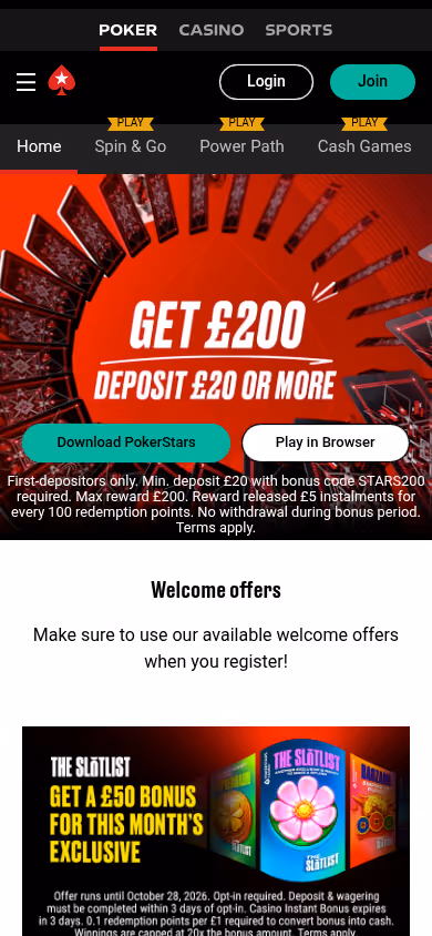 PokerStars homepage on mobile showing the deposit offer and poker formats