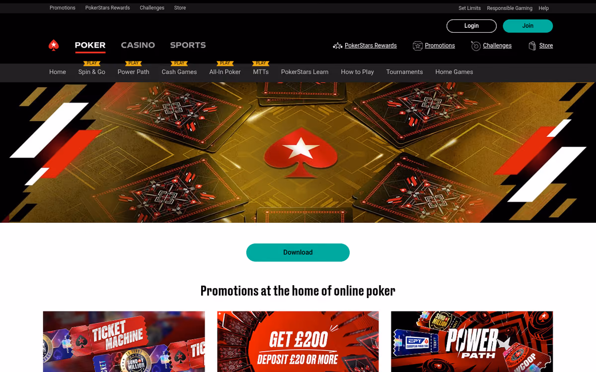 PokerStars promotions page showing the Ticket Machine, £200 deposit offer and Power Path promotions
