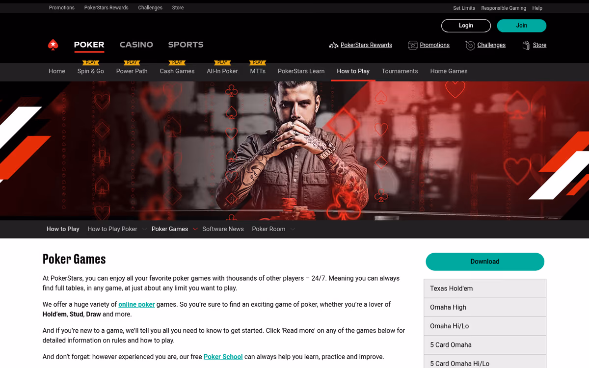 PokerStars poker games lobby showing Spin and Go, Cash Games and tournament formats