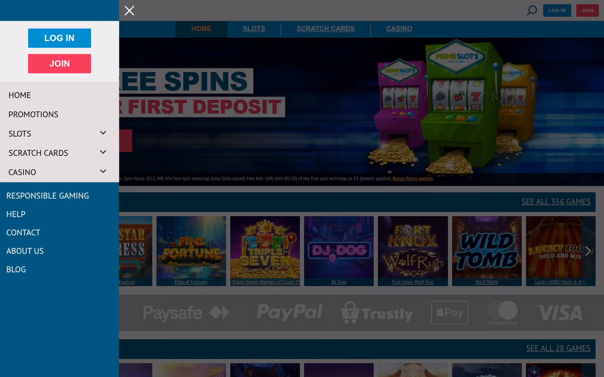Prime Slots sister sites evidence: the Prime Slots homepage showing the free spins offer, a 356-game count and its payment logos
