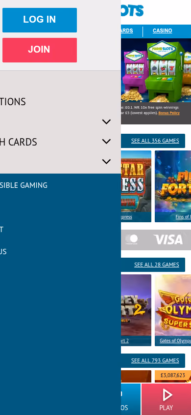 Prime Slots mobile homepage at a 390 by 844 viewport