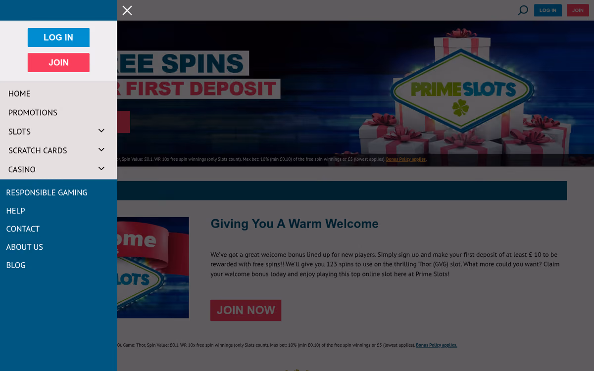 Prime Slots promotions page showing the 123 free spins on Thor welcome offer and its wagering terms