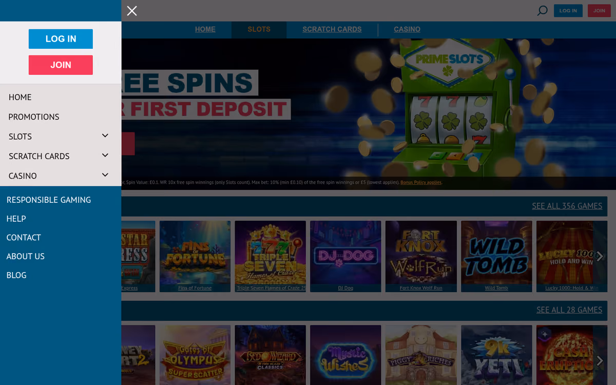 Prime Slots slots lobby showing Fins of Fortune, DJ Dog and Fort Knox Wolf Run