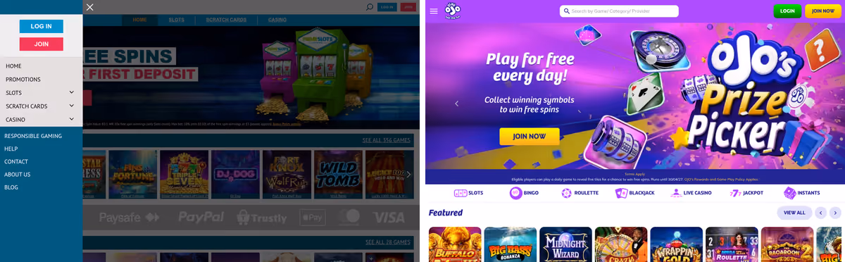 Prime Slots sister sites proof: Prime Slots beside PlayOJO, two Skill On Net brands with opposite approaches to bonuses