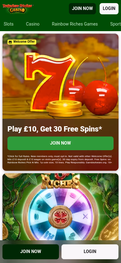 Rainbow Riches Casino homepage at mobile width