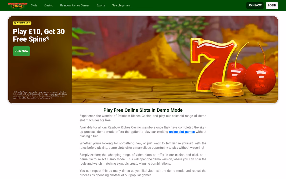 Rainbow Riches Casino demo slots page explaining free play