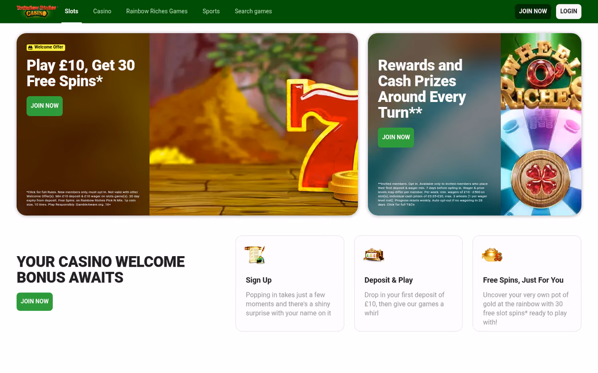 Rainbow Riches Casino demo slots page