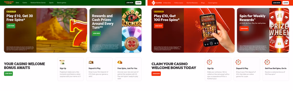 Rainbow Riches Casino beside Jackpotjoy, two Gamesys brands on one build
