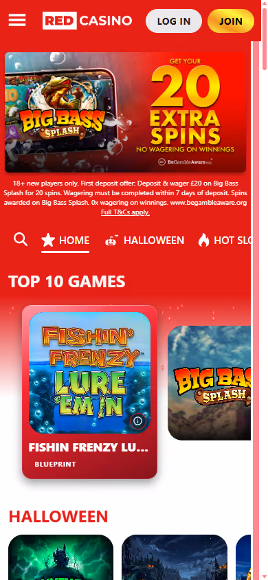 Red Casino homepage at mobile width showing the twenty extra spins banner
